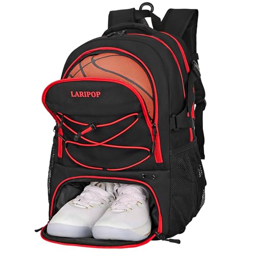 LARIPOP Basketball Backpack Large Basketball Bag with Ball Holder & Shoe Compartment for Youth Adults Men Women - color: Red