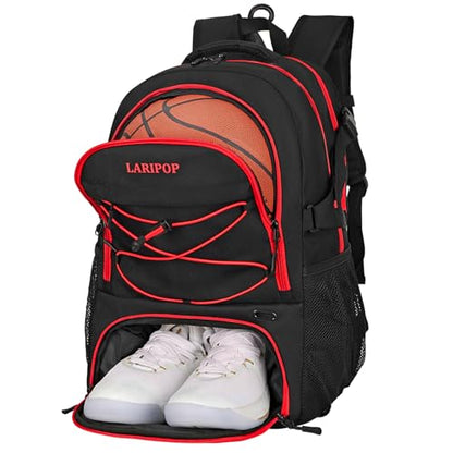 LARIPOP Basketball Backpack Large Basketball Bag with Ball Holder & Shoe Compartment for Youth Adults Men Women - color: Red