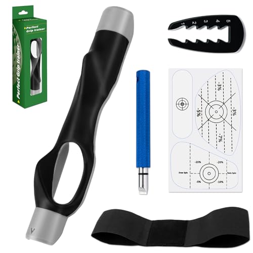 5-in-1 Golf Training Kit: Golf Grip Trainer, Swing Correcting Arm Band, High-Resolution Impact Tape for Correct position, Adjustable Tee Height Tool & Club Groove Sharpener for Adjusting Hitting - color: Gray
