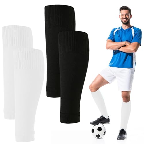 2 Pairs Pre Cut Soccer Socks, Soccer Sock Sleeves and Shin Guard Sleeves for Youth Men and Women, Breathable Stretch Calf Support, Secure Fit Leg Covers for Training Practice and Matches - color: Black＋White, size: Large