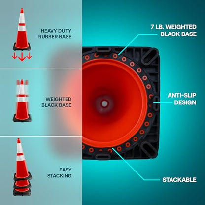 Brimar 28 Inch Performance Cones, 4 Pack, Orange PVC Traffic Safety Cones with 10 lb. Black Base for Construction, Road Parking, MUTCD Approved, Highly Reflective Bands, Structurally Stable, Wearproof - size: 10 lb.