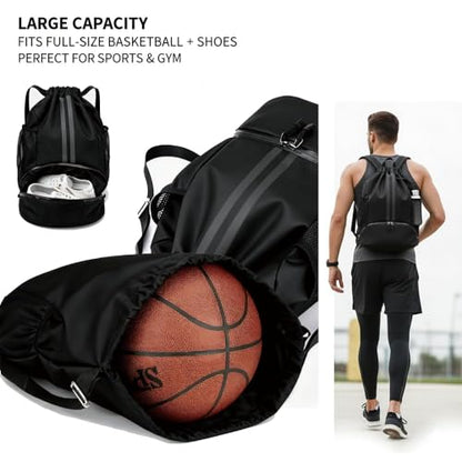 Drawstring Backpack Gym Bag with Shoes Compartment for Soccer, Basketball, Swim, Water-Resistant String Backpack Beach Cinch for Women Men