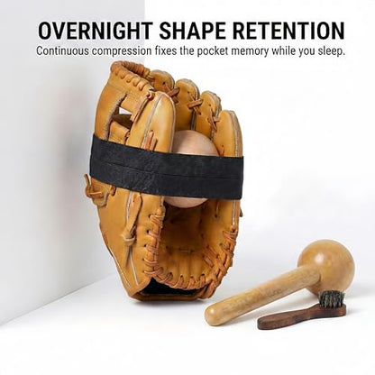 Baseball Glove Break-in Kit - Wooden Mallet, Shaping Ball, Elastic Wrap, Brush & Cloth - Complete Glove Care Set for Softball & Baseball Mitts - Accelerates Break-in & Shapes Pocket