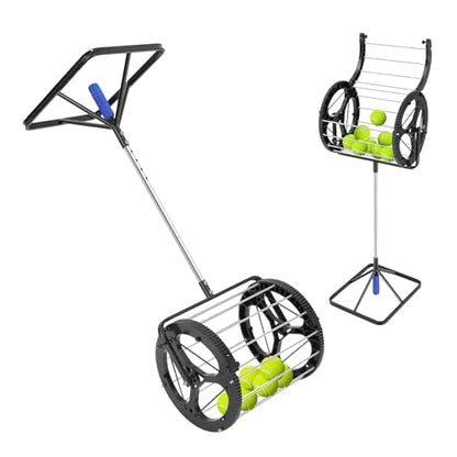 Tennis Ball Hopper, Tennis Ball Collector with Large 80-Ball Capacity, Adjustable Height Tennis Ball Picker Upper for Coaches & Players, Durable Steel Tennis Ball Basket for Court Training