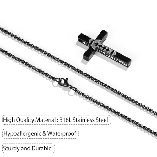 Football Cross Necklace for Boys Men, Stainless Steel Bible Verse Cross Pendant Chain Sports Gear Stuff Christian Religious Jewelry Gifts for Teen Boys Kids - color: Black, style: PHILIPPIANS 19:26