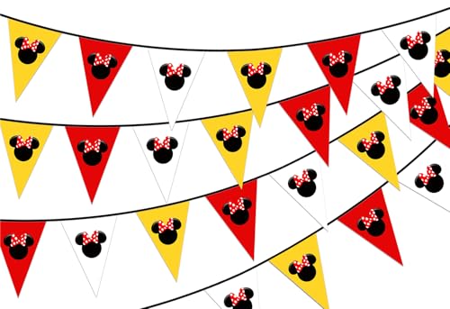Cartoon Mouse Bow Themed Banner Triangular String Flags, 24PCS Cartoon Mouse Bunting Banner, 27ft Total Length, Waterproof Polyester Pongee, Birthday Party Decor for Kids - color: R1