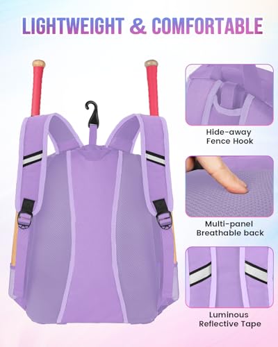 MATEIN Softball Bag, Lightweight Baseball Backpack with Shoe Compartment, Baseball Bag with Fence Hook for TBall Bat & Equipment, Softball Gifts Catchers Backpack for Women Fit Catcher’s Mitt, Helmet - color: Purple