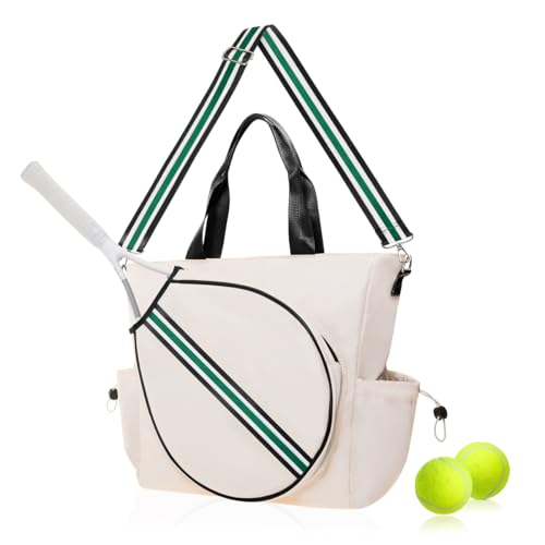 Tennis Bag for Women Racket Tote, Stylish Backpack - Unisex Racquet Sports Pickleball Bag Convertible Shoulder, Crossbody Strap Large Compartment - color: Tote - Ivory/Green Stripe