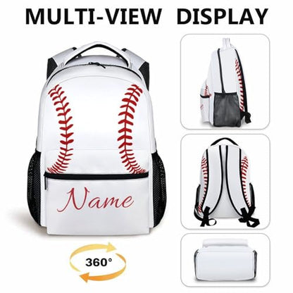 Custom Baseball Sport Kid's Backpack with Name/Text Preschool Backpack for Boys Girls, 17 Inch Ball Bookbag for Preschool Elementary Kindergarten Vacation Travel Picnic - color: White