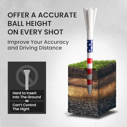 VEASAERS Golf Tees Plastic 30 USA Flag Long Tees 3 1/4 Inch and 20 More Short Tees 1 1/2 Inch Value Pack Gift Set American 5-Prong Tall Tee Unbreakable Easy to Find for Driving Range