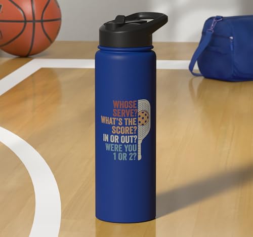 Whose Serve What's the Score Funny Pickleball Questions Stainless Steel Insulated Water Bottle - color: Royal Blue