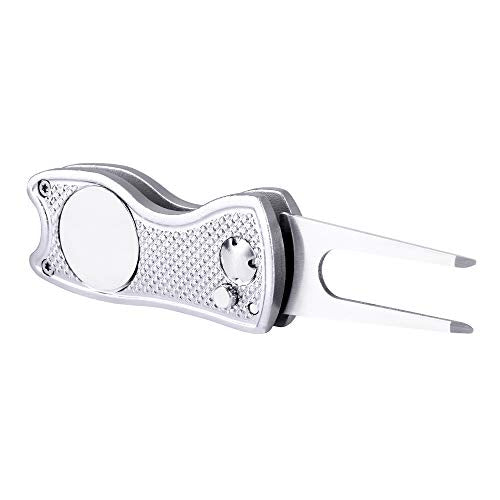 Mile High Life Golf Divot Repair Tool, All Metal Foldable Divot Tool with Pop-up Button & Magnetic Ball Marker, 2-6 Pack - color: Silver Fish