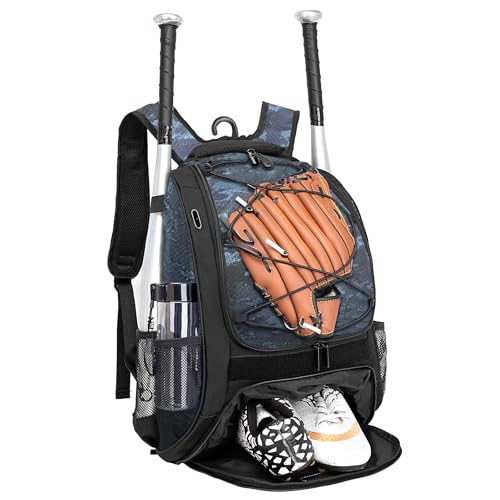 DAFISKY Baseball Bag Softball Backpack - Youth Adult T Ball Bat Equipment Bag with Bat Helmet Holders, Shoe Compartment - color: CamouflageBlue