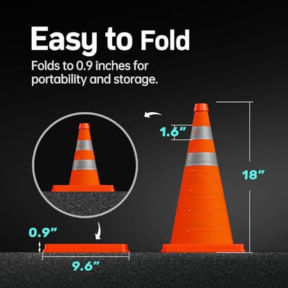[4 Pack] 18 Inch Collapsible Traffic Safety Cones, Orange Cones, Multi Purpose Pop-up Cones with Reflective Collar, for Road Parking, Driving Practice