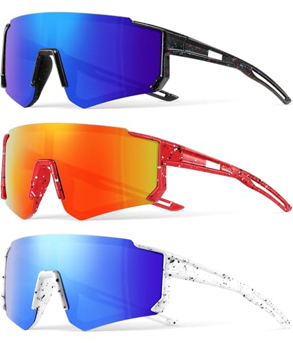 3PACK Kids Sunglasses Youth Baseball Sunglasses for Boys Girls Age 4-12,Softball Sports Cycling Goggles UV Protection - color: A04-deep Blue+red Red+blue