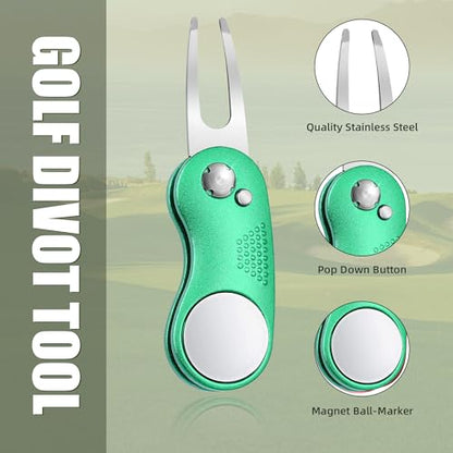 Mile High Life Golf Divot Repair Tool, All Metal Foldable Divot Tool with Pop-up Button & Magnetic Ball Marker - color: Green Curve