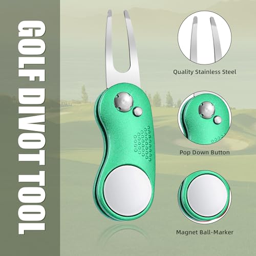 Mile High Life Golf Divot Repair Tool, All Metal Foldable Divot Tool with Pop-up Button & Magnetic Ball Marker - color: Green Curve