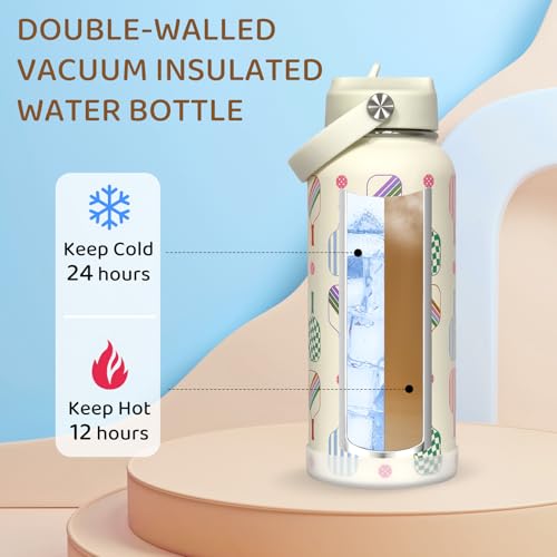 32oz Pickleball Insulated Water Bottle with Lid,Stainless Steel Water Bottl with Flip Straw and Handle,Gifts for Pickleball Players, Pickleball Lovers,Women Girls,Leak Proof Water Bottle - color: Pickleball, size: 32 Ounces