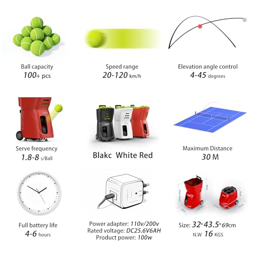 PT-SAMRT-Professional Tennis Ball Machine with App Control - 100+ Ball Capacity - 12 Training Modes - 4-6 Hours Battery Life (Red)