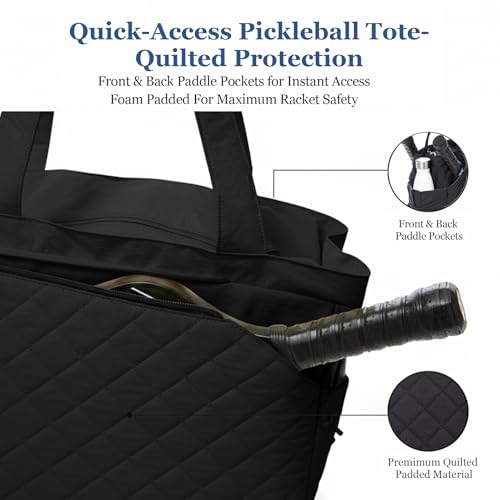 Pickleball Bag Fits 2 to 6 Paddles, Quilted Pickle ball Tote Bags for Women and Men with Shoe Compartment and Fence Hook, Great Pickleball Gifts - color: Black