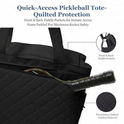 Pickleball Bag Fits 2 to 6 Paddles, Quilted Pickle ball Tote Bags for Women and Men with Shoe Compartment and Fence Hook, Great Pickleball Gifts - color: Black