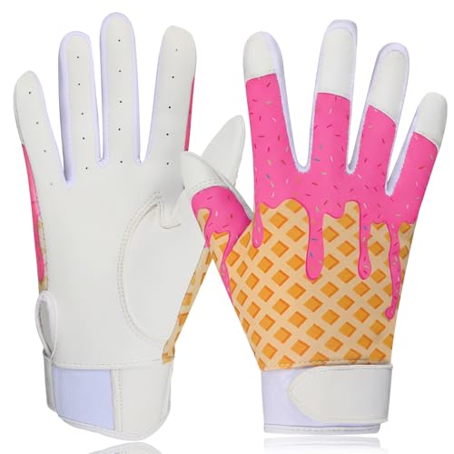 JenPen 1 Pair Youth Ice Cream Drip Batting Gloves 6 Inch Baseball Batting Gloves Long Cuff Leather Ice Cream Drip Pattern Mitt Grip Finger for Softball Teeball Baseball Kids Youth Boys - color: Pink, size: M Size