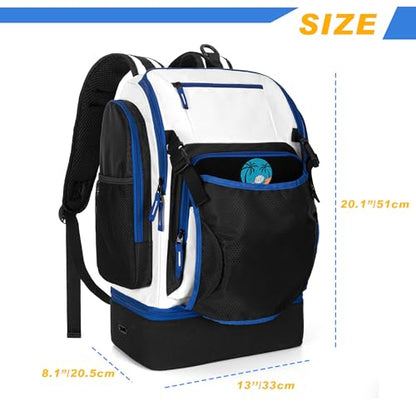 Volleyball Bag with External Ball Holder, Volleyball Backpack with Separate Shoe Space, Multiple Pockets and Adjustable Shoulder Strap for Soccer, Basketball and Gym Exercise - color: White/Blue