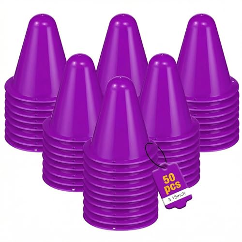 50 Pack 3.15 Inch Mini Cones for Sports Drills,Agility & Footwork Practice,Portable Small Cones for Indoor Outdoor Soccer,Basketball,Team Activities - color: purple