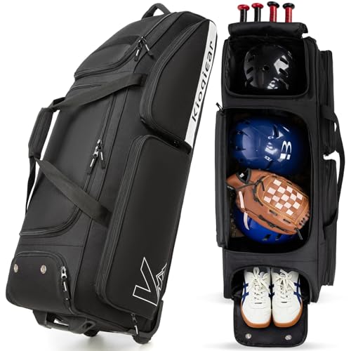 Catchers Gear Bag with Wheels for 4 Bats, Rolling Baseball Softball Bag With Multi-Pockets, Fence Hook, Holds All Baseball Equipment. - color: Black