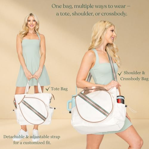 Tennis Bag for Women Racket Tote, Stylish Backpack - Unisex Racquet Sports Pickleball Bag Convertible Shoulder, Crossbody Strap Large Compartment - color: Tote - Mint