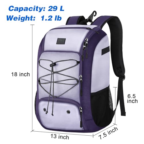MATEIN Baseball Backpack, Softball Bat Bag with Shoes Compartment for Youth, Boys and Adult, Lightweight Baseball Bag with Fence Hook Hold TBall Bat, Batting Mitten, Helmet, Caps, Teeball Gear - color: Purple, size: 29L