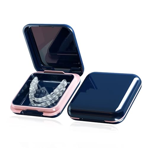 Retainer Case,Cute Mouthguard Case with Mirror,Slim Night Mouth Guard Case with Lid Hinge,Aligner Case,Inner Size 2.56, 2.36, 0.79inch, Blue - color: Blue