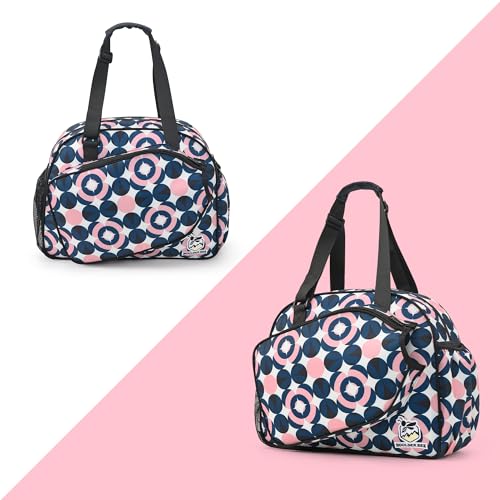 Boulder Bee Pickleball Bags, Premium Pickleball Tote Bag for Girls, Women’s Hand/Shoulder Gym Bag w Water Bottle Holder, with Pickleball Racquet/Paddle Holder - color: Pink and Blue Circle