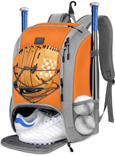 MATEIN Baseball Backpack, Softball Bat Bag with Shoes Compartment for Youth, Boys and Adult, Lightweight Baseball Bag with Fence Hook Hold TBall Bat, Batting Mitten, Helmet, Caps, Teeball Gear - color: Orange, size: 47L