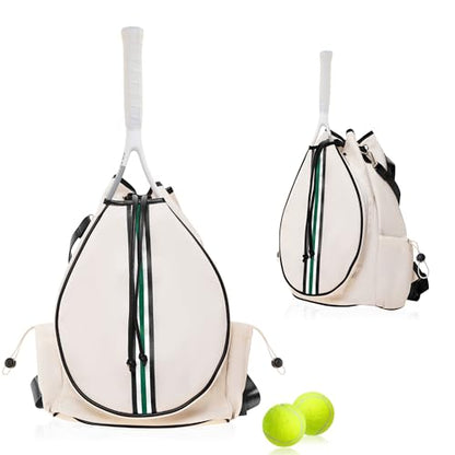 Tennis Bag for Women Racket Tote, Stylish Backpack - Unisex Racquet Sports Pickleball Bag Convertible Shoulder, Crossbody Strap Large Compartment - color: Backpack - Beige/Green Stripe