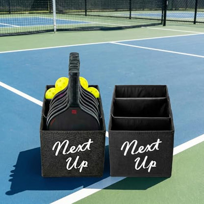 MyGift Portable Foldable Pickleball Paddle Queue Baskets – Holds Up to 24 Paddles, Black Fabric Organizer with Ball Compartment & Next Up Marker for Indoor and Outdoor Courts, Set of 2