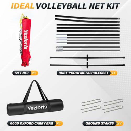 12ft Freestanding Volleyball Net – Height Adjustable 7.4ft/8ft for Men & Women, Durable Fiberglass Poles, 4-Minute Quick Setup – Includes Carry Bag & Stakes for Backyard, Gym, Beach