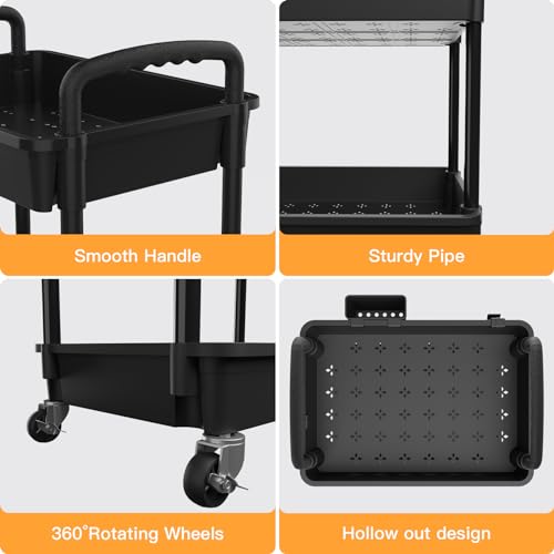 3 Tier Rolling Utility Cart with Handle,REBECAT Utility Cart Made of Multifunctional Storage Organizer Tool for Kitchen,Bathroom,Living Room,Office(Black) - color: Black