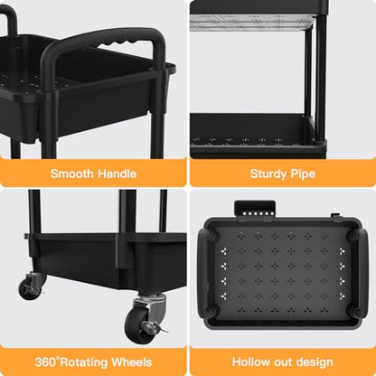 3 Tier Rolling Utility Cart with Handle,REBECAT Utility Cart Made of Multifunctional Storage Organizer Tool for Kitchen,Bathroom,Living Room,Office(Black) - color: Black
