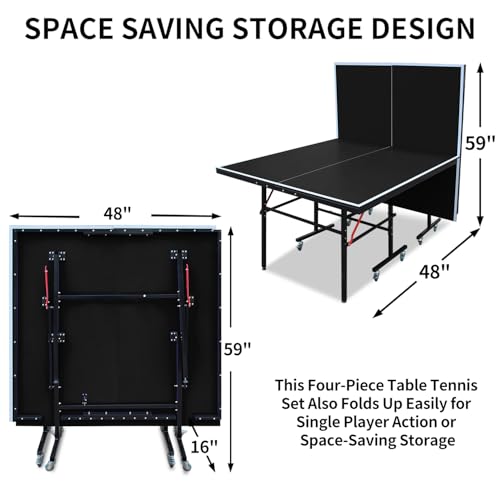 IUNNDS Portable Table Tennis Table 6/8/8.5/9FT Foldable Ping Pong Game Set for Indoor with Net and Post Set, 2 Paddles and 3 Balls - color: Black-8FT with Wheel