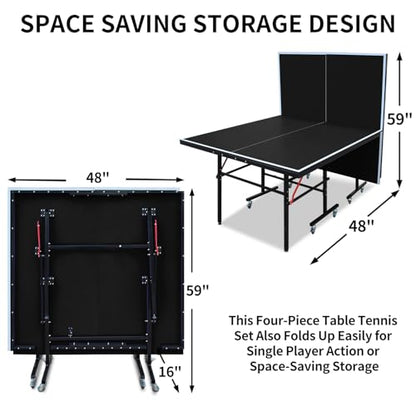 IUNNDS Portable Table Tennis Table 6/8/8.5/9FT Foldable Ping Pong Game Set for Indoor with Net and Post Set, 2 Paddles and 3 Balls - color: Black-8FT with Wheel