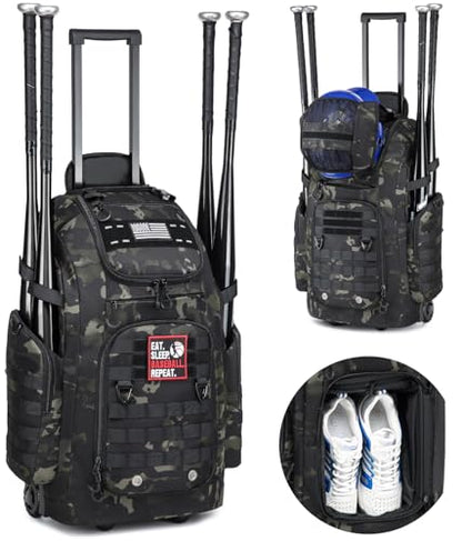 Rolling Baseball Bag with Wheels, Softball Catchers Gear Bags for 4 Bats, Portable Baseball Catcher Bag with Shoe Compartment, Holds All Softball Baseball Equipment - color: Black CM