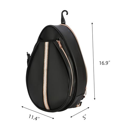 White PU One Shoulder Crossbody Tennis Backpack Girls Tennis Bag Tennis Racket Sling Bag for Women, with Water Bottle Holder - color: Black