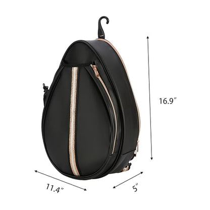 White PU One Shoulder Crossbody Tennis Backpack Girls Tennis Bag Tennis Racket Sling Bag for Women, with Water Bottle Holder - color: Black