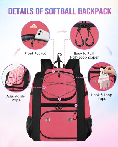 MATEIN Softball Bag, Lightweight Baseball Backpack with Shoe Compartment, Baseball Bag with Fence Hook for TBall Bat & Equipment, Softball Gifts Catchers Backpack for Women Fit Catcher’s Mitt, Helmet - color: Pink Black