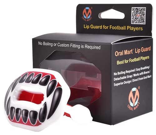 Oral Mart Flag Football Mouth Guard with 3D LipFit Design for Kids - Youth Football Mouthguard (No Boil) Cool Instant Fit Lip Guard Mouthpiece for Braces (Detachable Helmet Strap Included) - color: White and Red (Black Fangs)