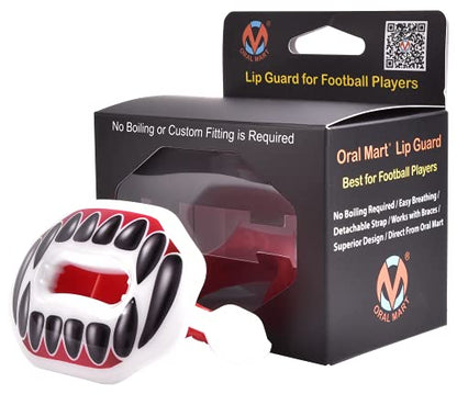 Oral Mart Flag Football Mouth Guard with 3D LipFit Design for Kids - Youth Football Mouthguard (No Boil) Cool Instant Fit Lip Guard Mouthpiece for Braces (Detachable Helmet Strap Included) - color: White and Red (Black Fangs)