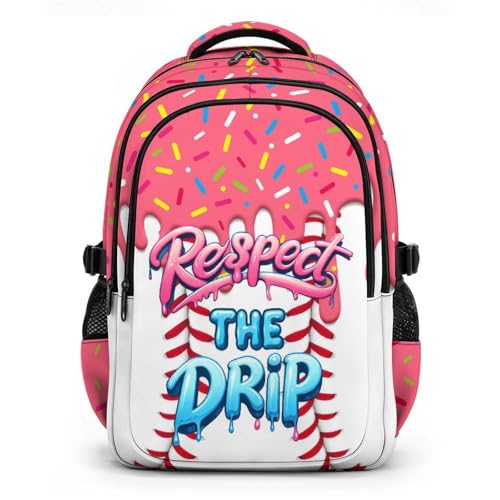 Backpack for Kids Girls Baseball Drip for School, 17" Pink Large Capacity Bookbag for Outdoor Hiking Picnicking School - color: Pink