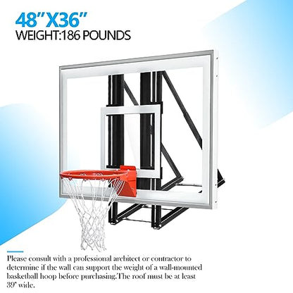 Roof Mounted Basketball Hoop Garage Includes 48" Or 60'' Crystal-Clear Tempered Glass Backboard, Durable Steel Universal Bracket and Double Spring Breakaway Rim with Net - size: 48"x36"