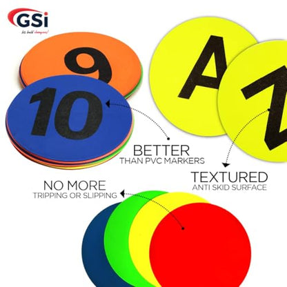 GSi Spot Markers – Non-Slip Non-Toxic Poly Spots – Floor Markers for PE, Sports & Classroom Activities - size: 8.⁠ ⁠Round Alphabet Number Combo